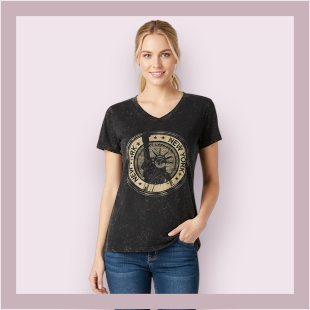 RS USA Bleached Black 3D Statue Of Liberty Graphic V-Neck Tee
